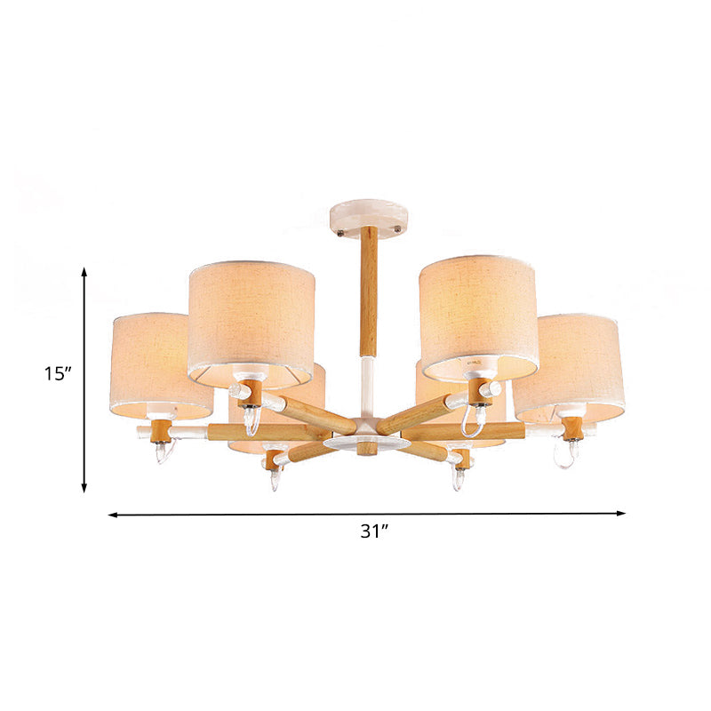 6-Head Nordic Wooden Semi Flush Chandelier with Fabric Shade for Living Room Ceiling