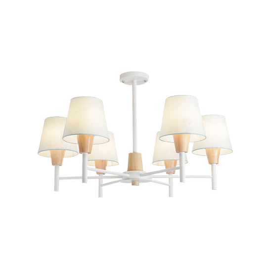 Nordic 6-Light White-Wood Chandelier with Fabric Lampshade