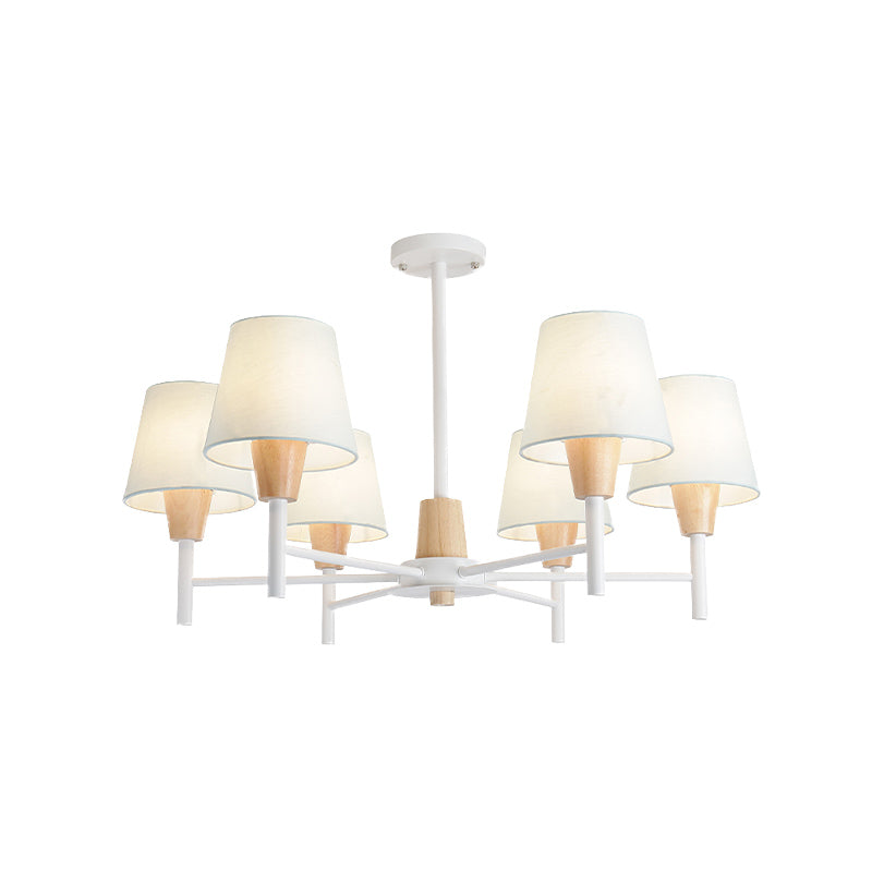 Nordic 6-Light White-Wood Chandelier With Fabric Lampshade