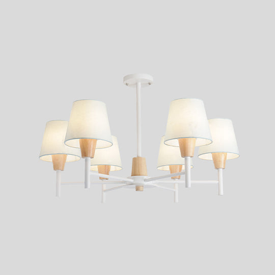 Nordic 6-Light White-Wood Chandelier with Fabric Lampshade