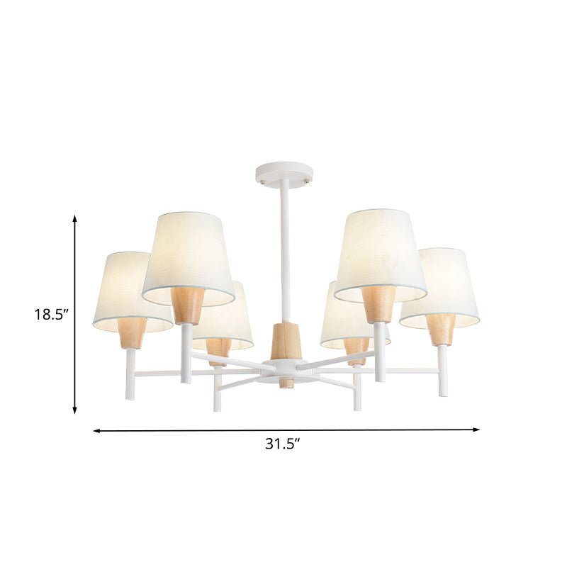 Nordic 6-Light White-Wood Chandelier with Fabric Lampshade