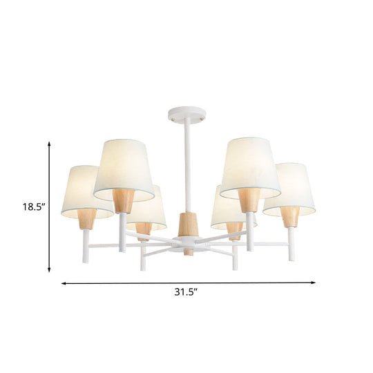 Nordic 6-Light White-Wood Chandelier with Fabric Lampshade