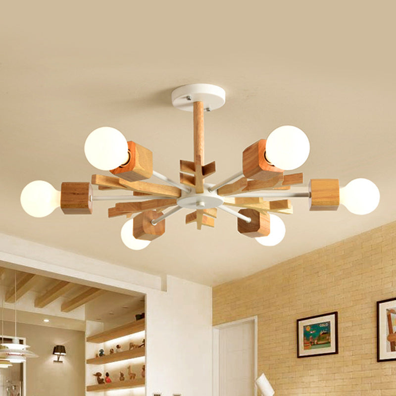 Modern Nordic Starburst Ceiling Mount Chandelier - Semi Flush & Light Wood Finish - Exposed Bulb Design - Ideal for Living Room - 3/6 Heads