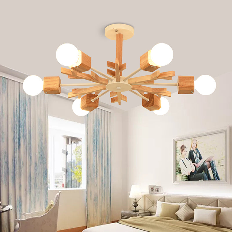 Modern Nordic Starburst Ceiling Mount Chandelier - Semi Flush & Light Wood Finish - Exposed Bulb Design - Ideal for Living Room - 3/6 Heads