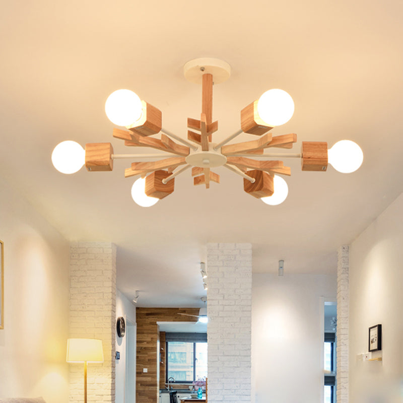 Modern Nordic Starburst Ceiling Mount Chandelier - Semi Flush & Light Wood Finish - Exposed Bulb Design - Ideal for Living Room - 3/6 Heads