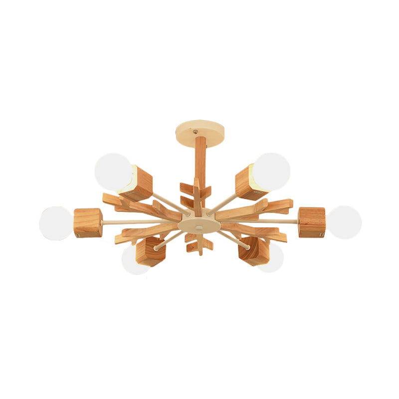 Modern Nordic Starburst Ceiling Mount Chandelier - Semi Flush & Light Wood Finish - Exposed Bulb Design - Ideal for Living Room - 3/6 Heads