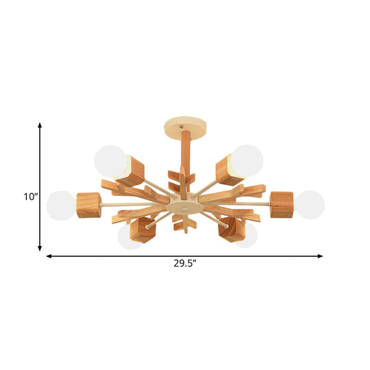 Modern Nordic Starburst Ceiling Mount Chandelier - Semi Flush & Light Wood Finish - Exposed Bulb Design - Ideal for Living Room - 3/6 Heads