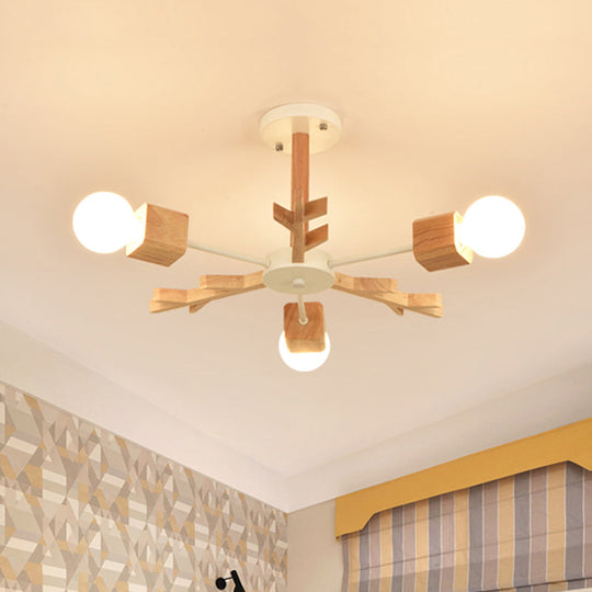 Modern Nordic Starburst Ceiling Mount Chandelier - Semi Flush & Light Wood Finish - Exposed Bulb Design - Ideal for Living Room - 3/6 Heads