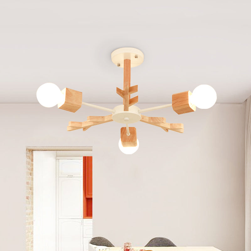 Modern Nordic Starburst Ceiling Mount Chandelier - Semi Flush & Light Wood Finish - Exposed Bulb Design - Ideal for Living Room - 3/6 Heads