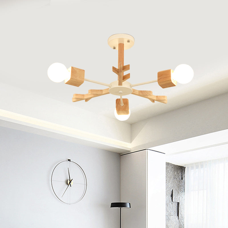 Modern Nordic Starburst Ceiling Mount Chandelier - Semi Flush & Light Wood Finish - Exposed Bulb Design - Ideal for Living Room - 3/6 Heads