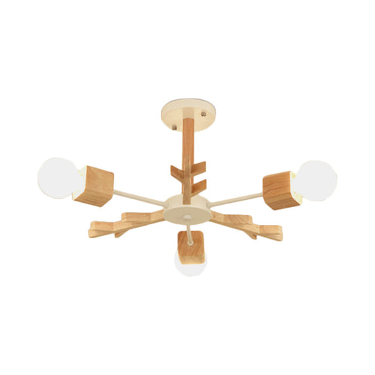 Modern Nordic Starburst Ceiling Mount Chandelier - Semi Flush & Light Wood Finish - Exposed Bulb Design - Ideal for Living Room - 3/6 Heads