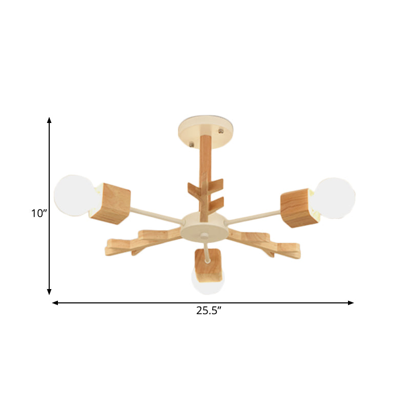 Modern Nordic Starburst Ceiling Mount Chandelier - Semi Flush & Light Wood Finish - Exposed Bulb Design - Ideal for Living Room - 3/6 Heads