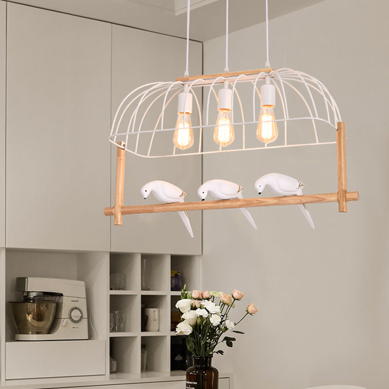 Nordic Style 3-Light Island Pendant With Elongated White Iron Cage And Bird Stand