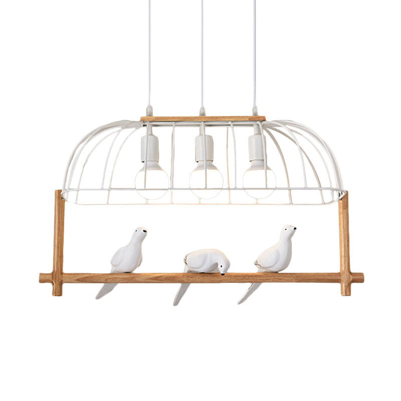 Nordic Style 3-Light Island Pendant With Elongated White Iron Cage And Bird Stand