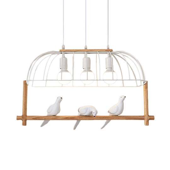 Nordic Style 3-Light Island Pendant With Elongated White Iron Cage And Bird Stand