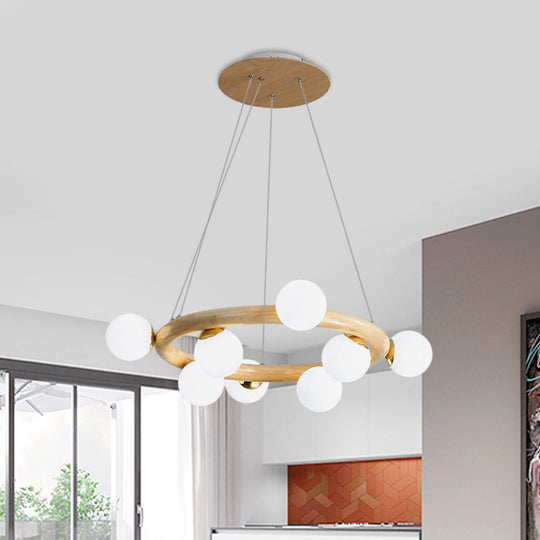 Opal Matte Glass Chandelier with Wood Circle Arm, Nordic Design, 8 Bulbs, Beige Pendant Light