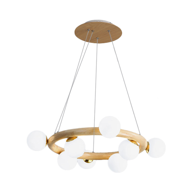 Opal Matte Glass Chandelier with Wood Circle Arm, Nordic Design, 8 Bulbs, Beige Pendant Light