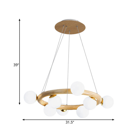 Opal Matte Glass Chandelier with Wood Circle Arm, Nordic Design, 8 Bulbs, Beige Pendant Light