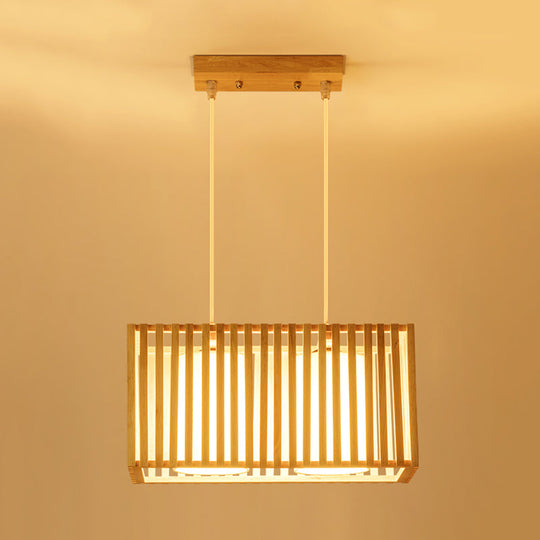 Japanese Style 2-Head Pendant Lighting For Dining Table - Rubber Wood Cuboid Cage Island Light