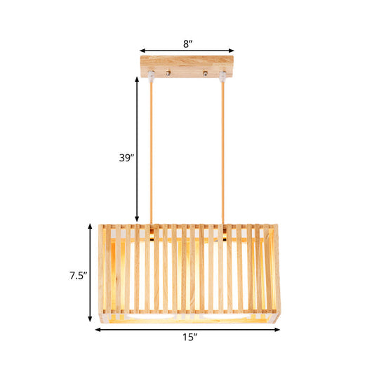 Japanese Style 2-Head Pendant Lighting For Dining Table - Rubber Wood Cuboid Cage Island Light