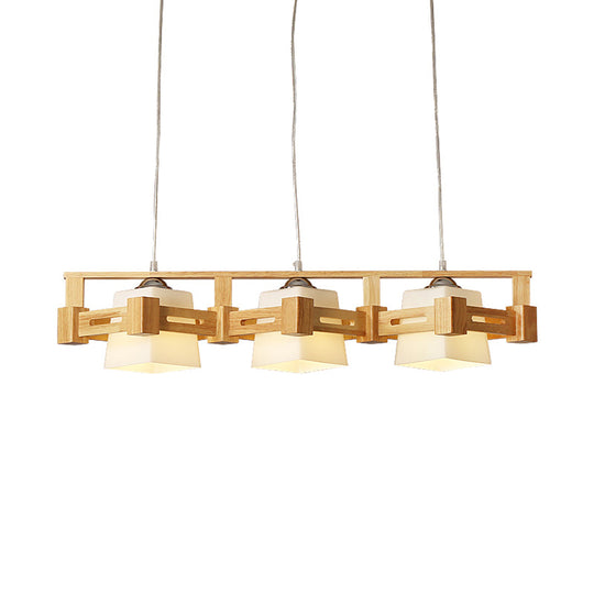 Modern Cubic Frosted Glass Island Pendant Lamp With Wood Cage And 3 Beige Bulbs