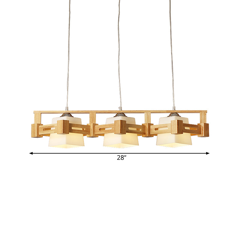 Modern Cubic Frosted Glass Island Pendant Lamp With Wood Cage And 3 Beige Bulbs