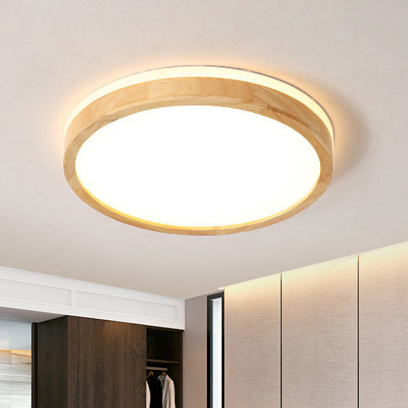 Nordic Beige Led Flushmount Ceiling Light With Wood Tambour Design & Recessed Diffuser - 12/16