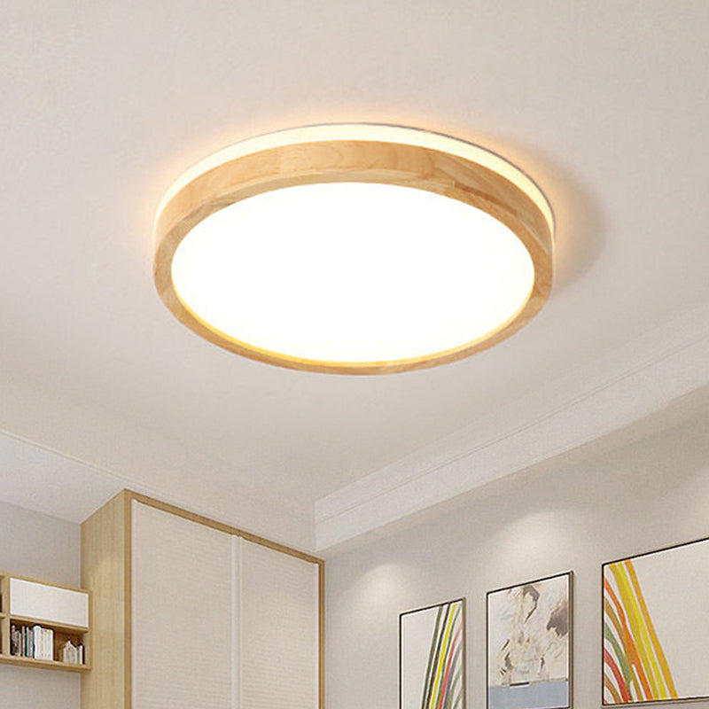 Nordic Beige LED Flushmount Ceiling Light with Wood Tambour Design & Recessed Diffuser - 12"/16" Diameter