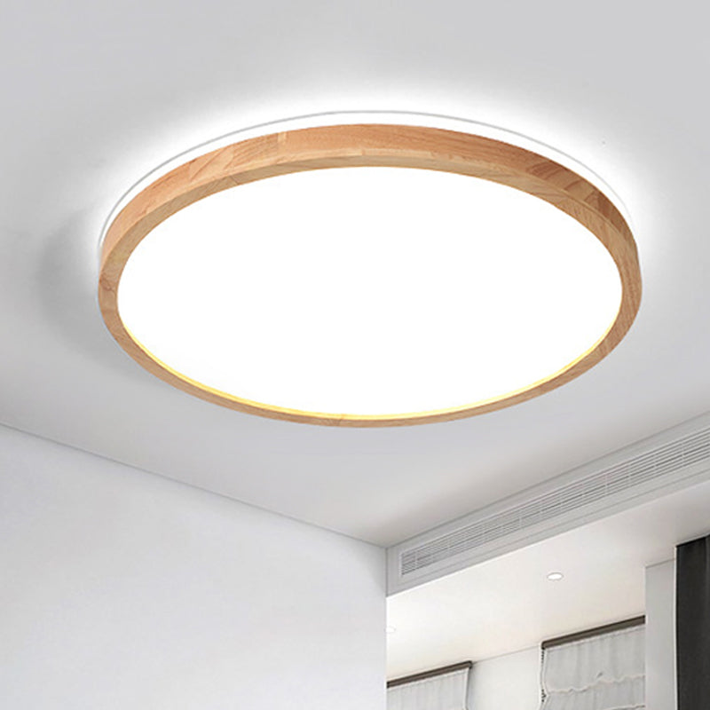 Nordic LED Wood Circle Ceiling Lamp with Acrylic Shade - Flush Mount Recessed Lighting, Warm/White Light (12"/16" Width)