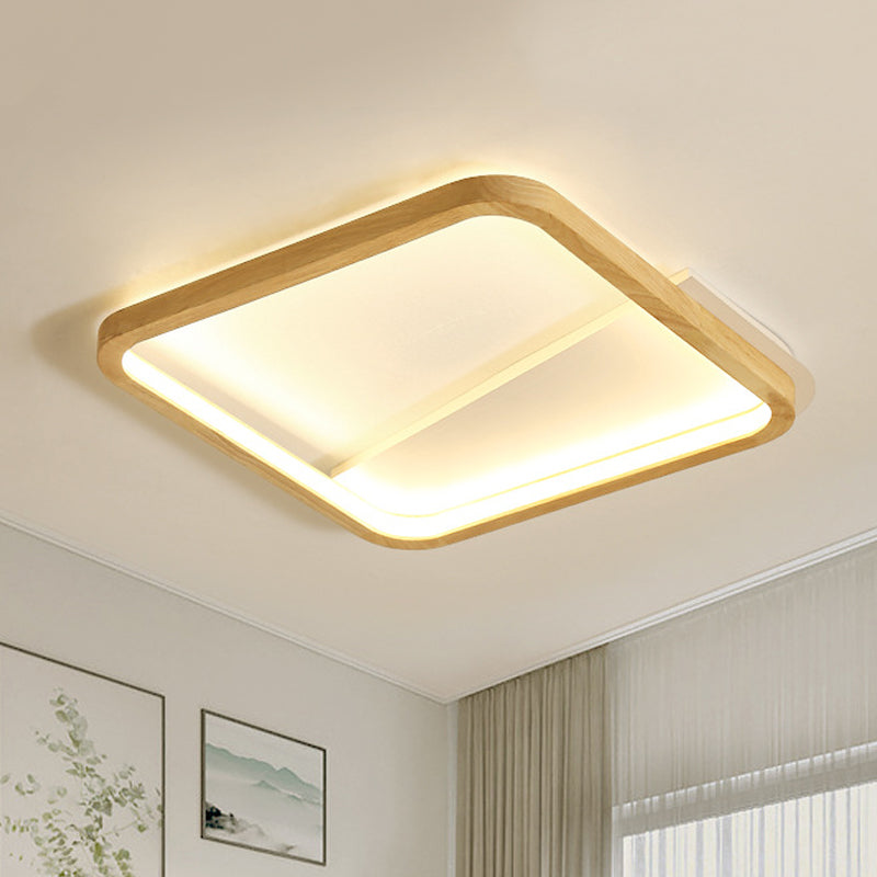 13/17 Wide Beige Flush Mount Led Ceiling Light With Wood Frame - Simple Bedroom Fixture / 13