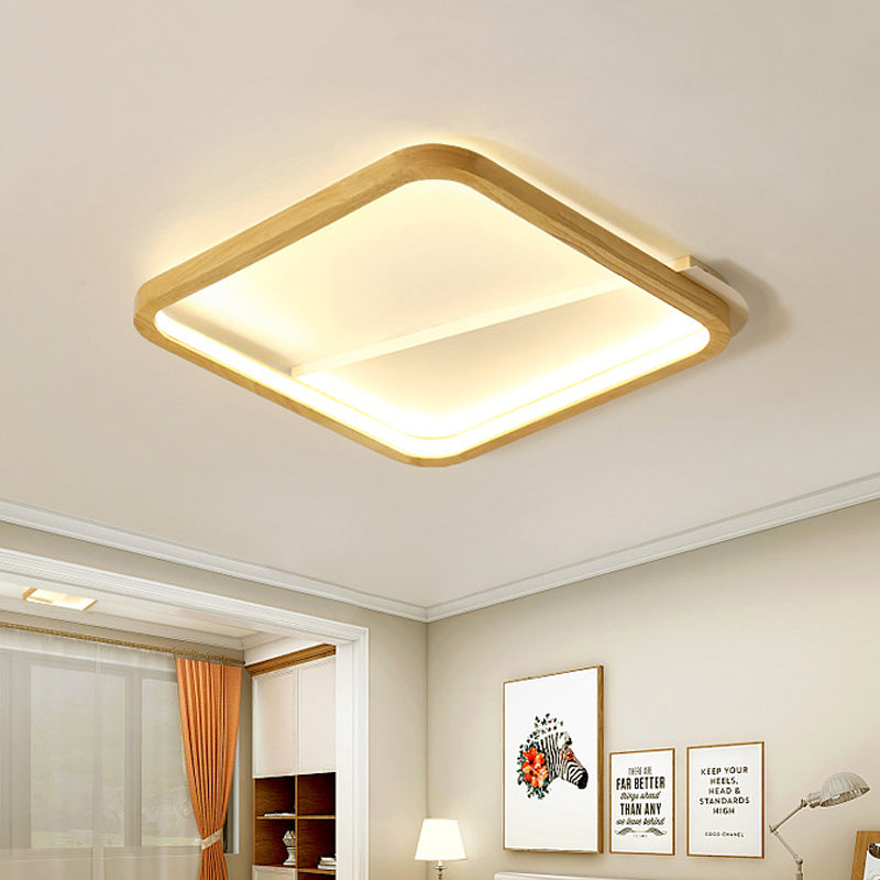 13/17 Wide Beige Flush Mount Led Ceiling Light With Wood Frame - Simple Bedroom Fixture