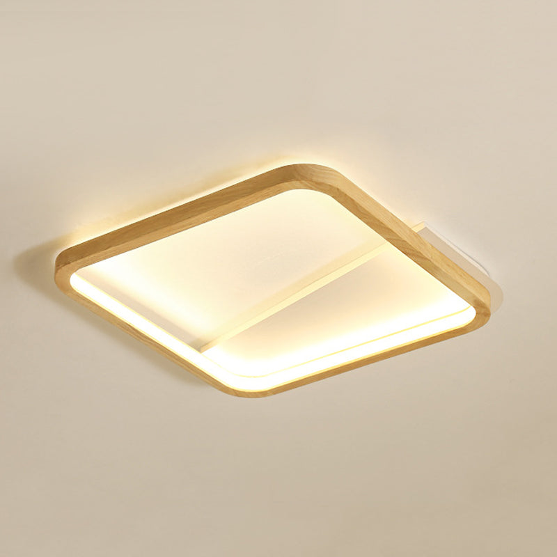 13/17 Wide Beige Flush Mount Led Ceiling Light With Wood Frame - Simple Bedroom Fixture