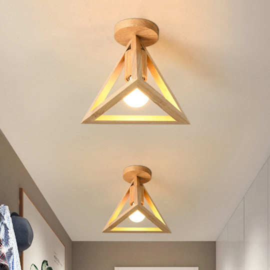 Minimalist Beige Semi Mount Ceiling Light with Pyramid Wood Cage