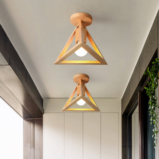 Minimalist Beige Semi Mount Ceiling Light with Pyramid Wood Cage