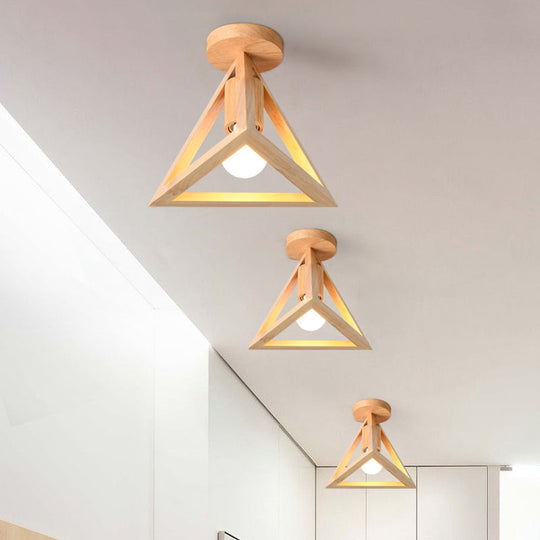 Minimalist Beige Semi Mount Ceiling Light with Pyramid Wood Cage