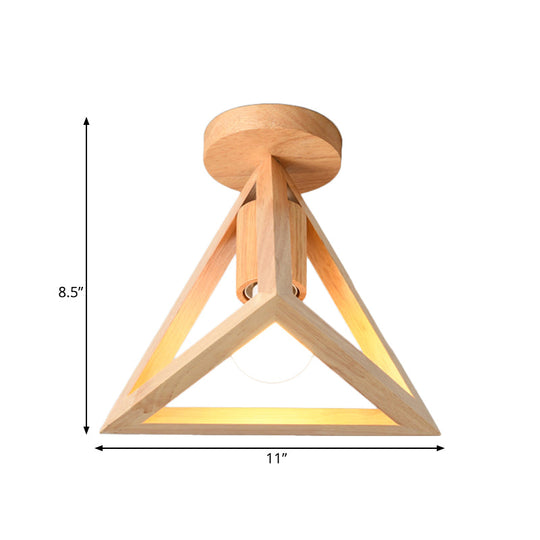 Minimalist Beige Semi Mount Ceiling Light with Pyramid Wood Cage