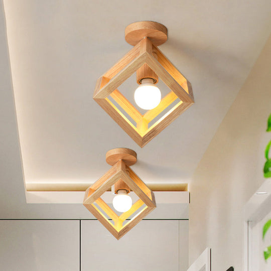 Wooden Cube Cage Semi Flush Nordic Ceiling Light - Beige, 1-Bulb Fixture for Corridor