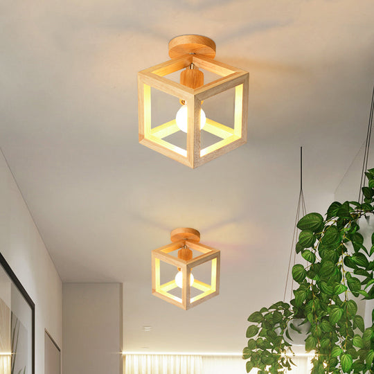 Wooden Cube Cage Semi Flush Nordic Ceiling Light - Beige, 1-Bulb Fixture for Corridor