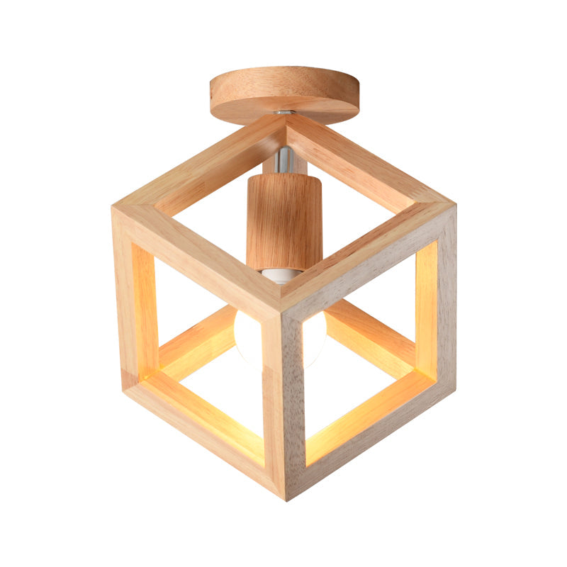 Wooden Cube Cage Semi Flush Nordic Ceiling Light - Beige, 1-Bulb Fixture for Corridor