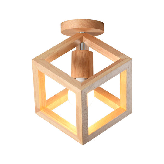 Wooden Cube Cage Semi Flush Nordic Ceiling Light - Beige, 1-Bulb Fixture for Corridor