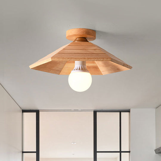 Rustic Wooden Flush Mount Ceiling Light: Ridged Saucer Design, Beige Shade for Kitchen