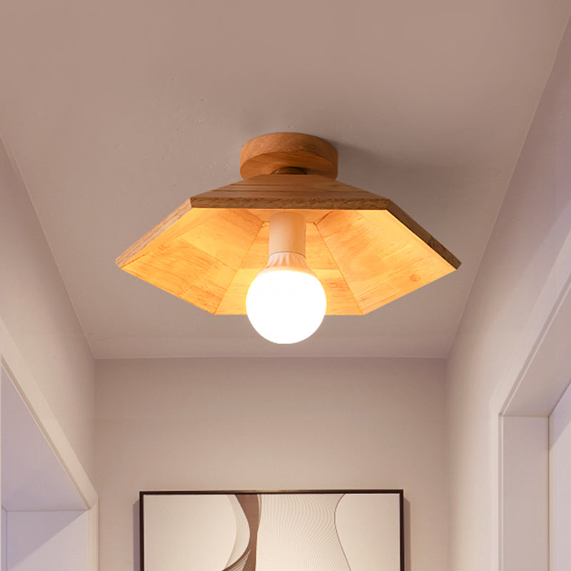 Rustic Wooden Flush Mount Ceiling Light: Ridged Saucer Design, Beige Shade for Kitchen