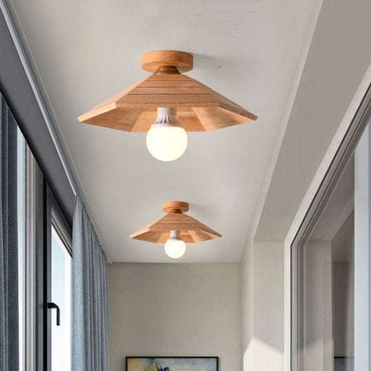 Rustic Wooden Flush Mount Ceiling Light: Ridged Saucer Design, Beige Shade for Kitchen