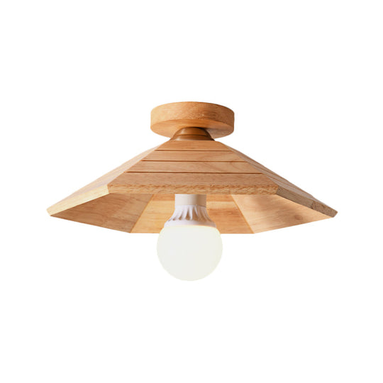 Rustic Wooden Flush Mount Ceiling Light: Ridged Saucer Design, Beige Shade for Kitchen