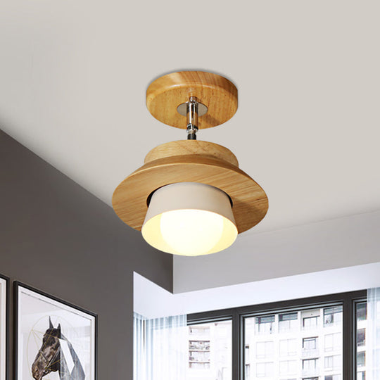 Rotatable Minimalist Wood Cap Ceiling Lamp with White Shade - Semi Flush Mount