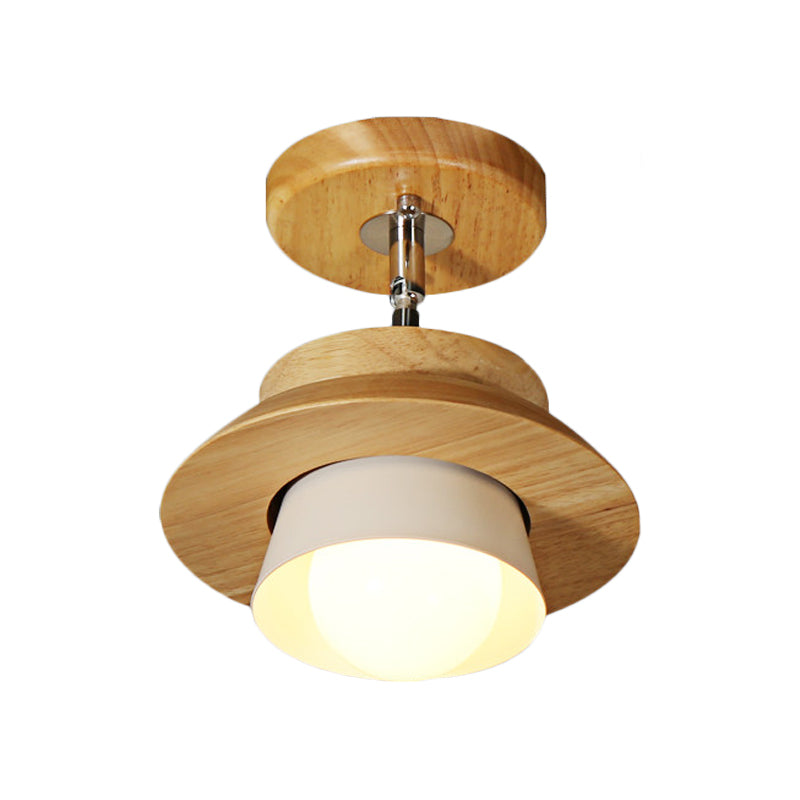 Rotatable Minimalist Wood Cap Ceiling Lamp with White Shade - Semi Flush Mount