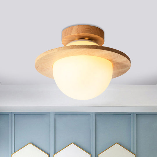 Sleek Semi Flush Mount Ceiling Lamp with Opal Frosted Glass and Wood Banding Belt