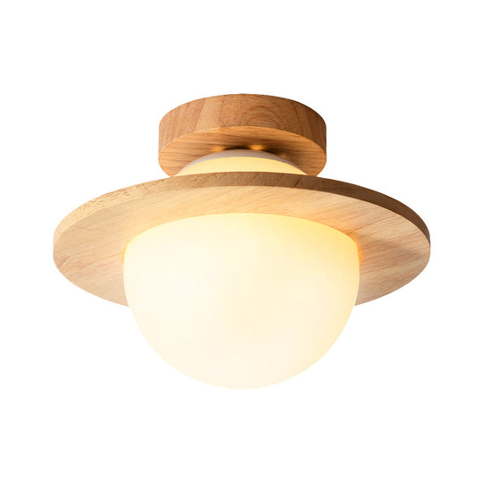 Sleek Semi Flush Mount Ceiling Lamp with Opal Frosted Glass and Wood Banding Belt