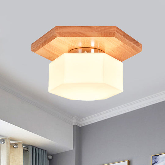 Nordic Cream Glass Hexagon Flush Ceiling Light with Wood Canopy - 1 Light Flushmount Lighting