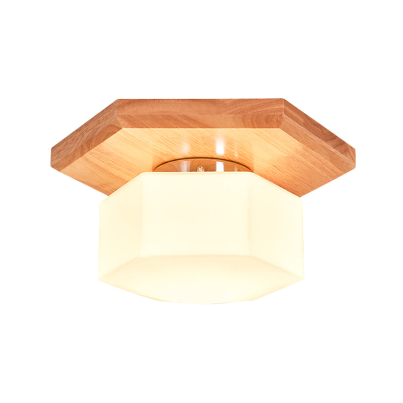 Nordic Cream Glass Hexagon Flush Ceiling Light with Wood Canopy - 1 Light Flushmount Lighting